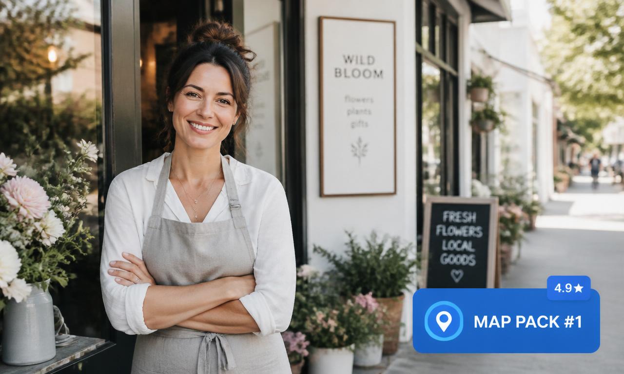 Local shop owner outside her storefront — ranking #1 in the Map Pack