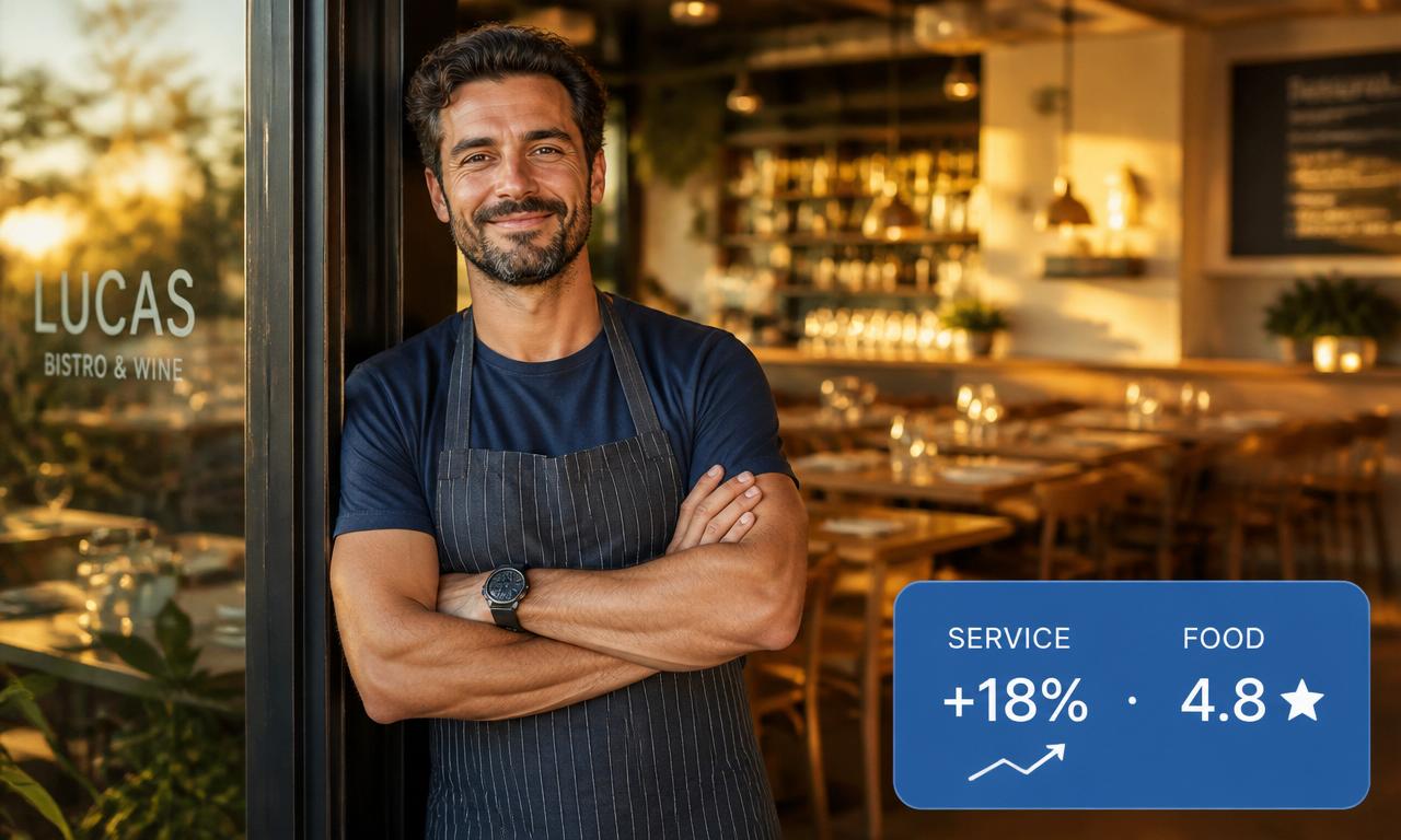 Restaurant owner at the door of his bistro — service and food scores trending up