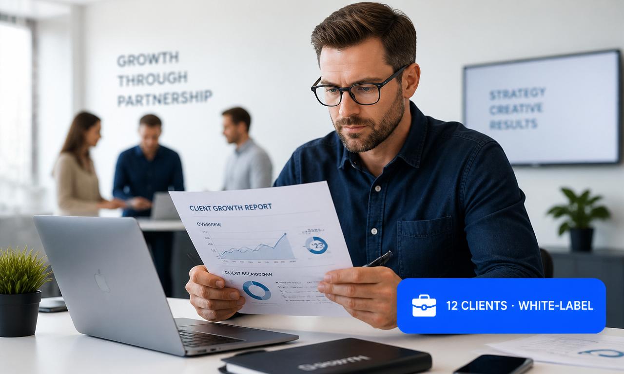 Agency strategist reviewing a white-label client growth report