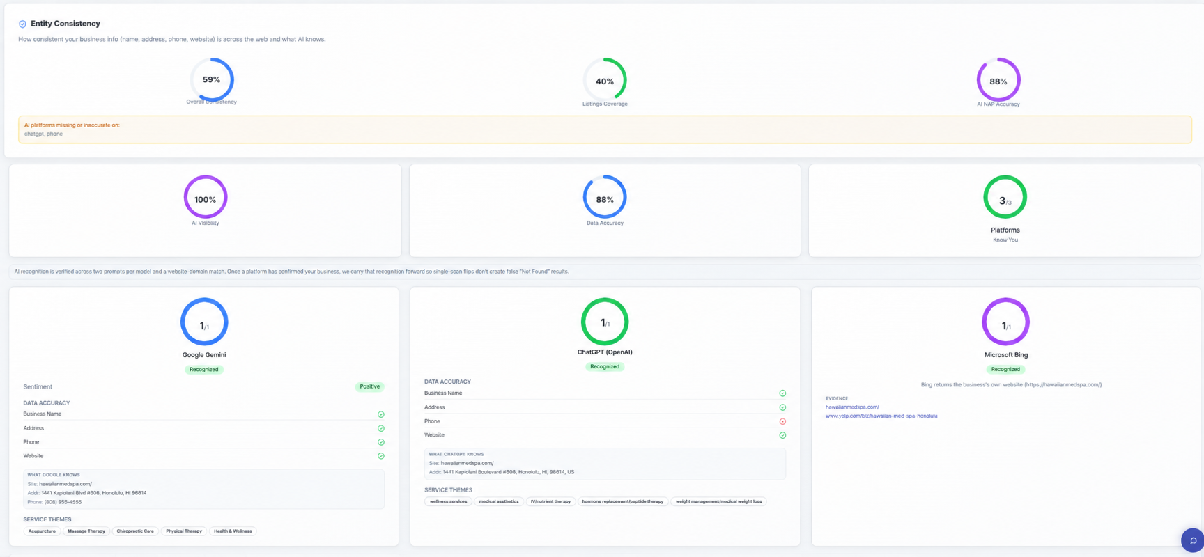 Entity consistency panel showing Hawaiian Med Spa recognized by Google Gemini, ChatGPT, and Microsoft Bing