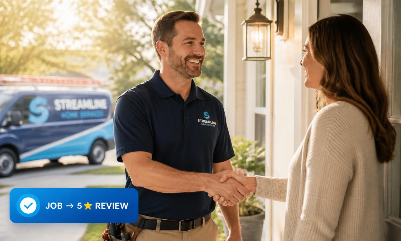 Home-services pro shaking hands with a happy homeowner — job turned into a 5★ review