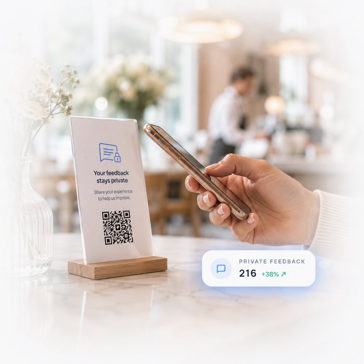 Customer scanning a private feedback QR at a restaurant table