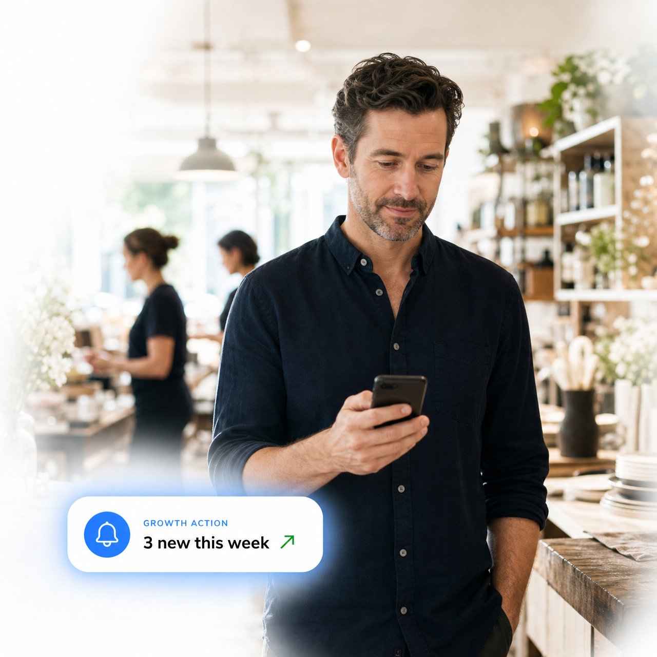 Manager checking a real-time growth alert on his phone — badge reads 'Growth action: 3 new this week'.