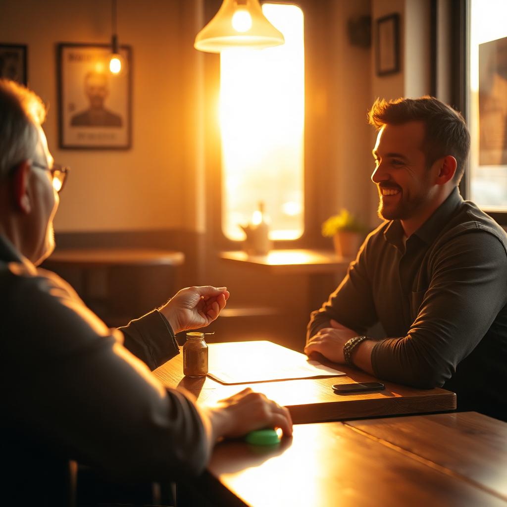 Server handing a small branded tent card to a smiling customer at a table