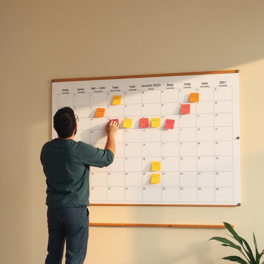 Owner mapping a 90-day growth plan on a wall calendar