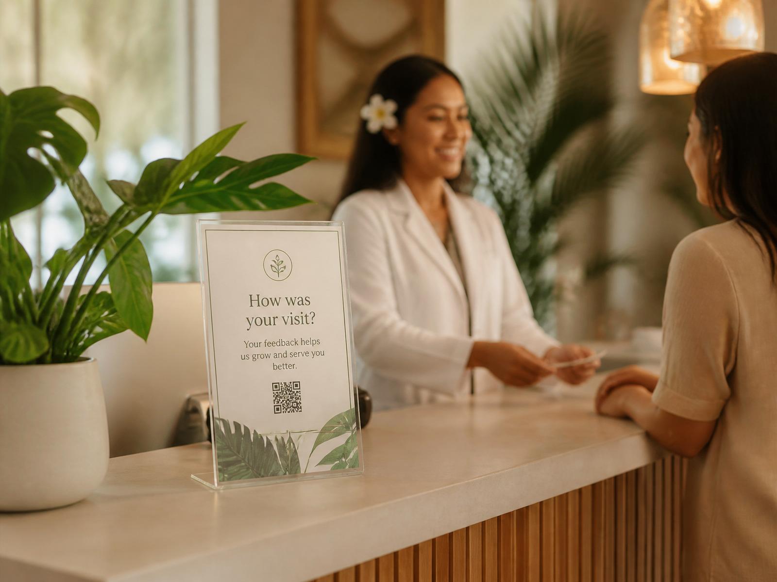 HEC Wellness Center reception counter in Honolulu with a branded table tent asking 'How was your visit?'