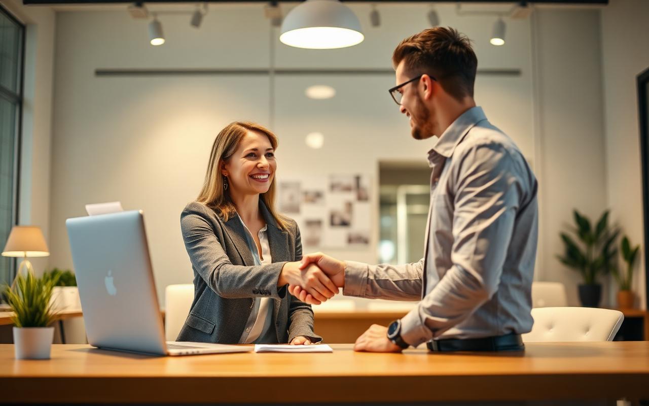 Insurance agent shaking hands with a client across a bright office desk