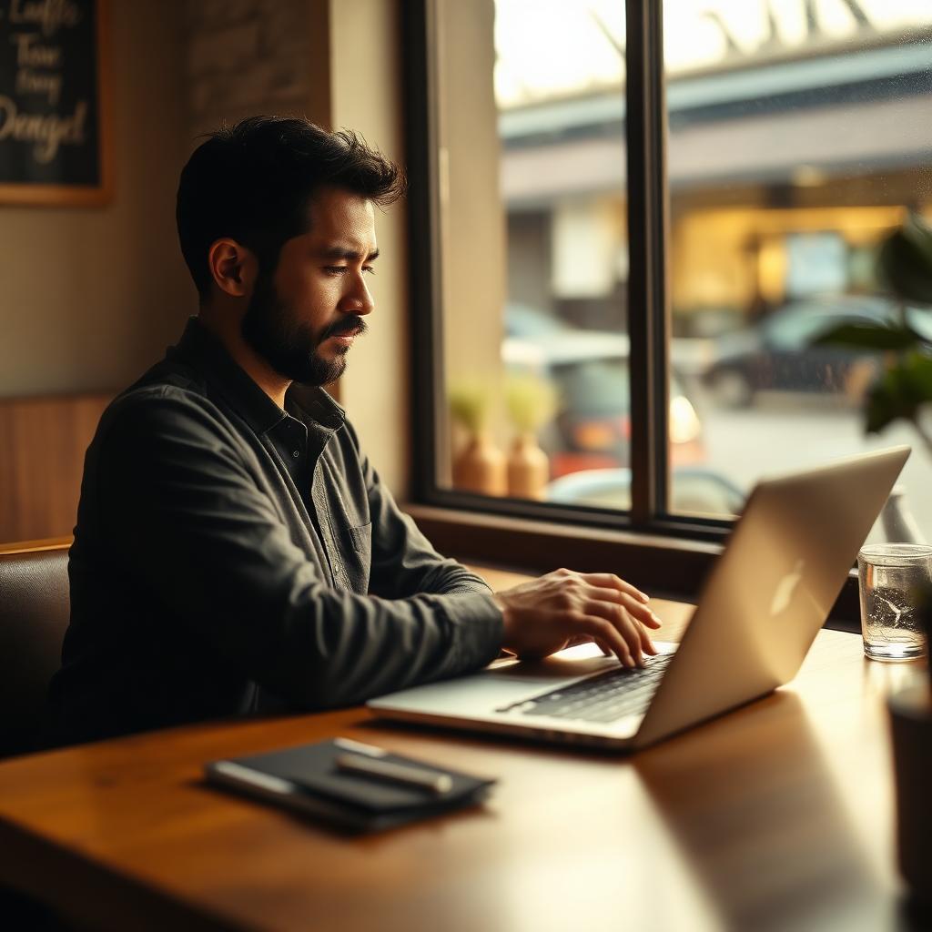 Small-business owner reviewing local map results on a laptop at a cafe table