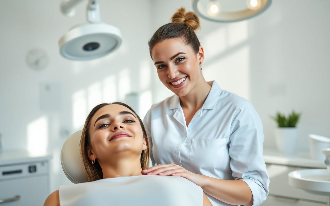 Med spa aesthetician with a happy client in a bright modern treatment room