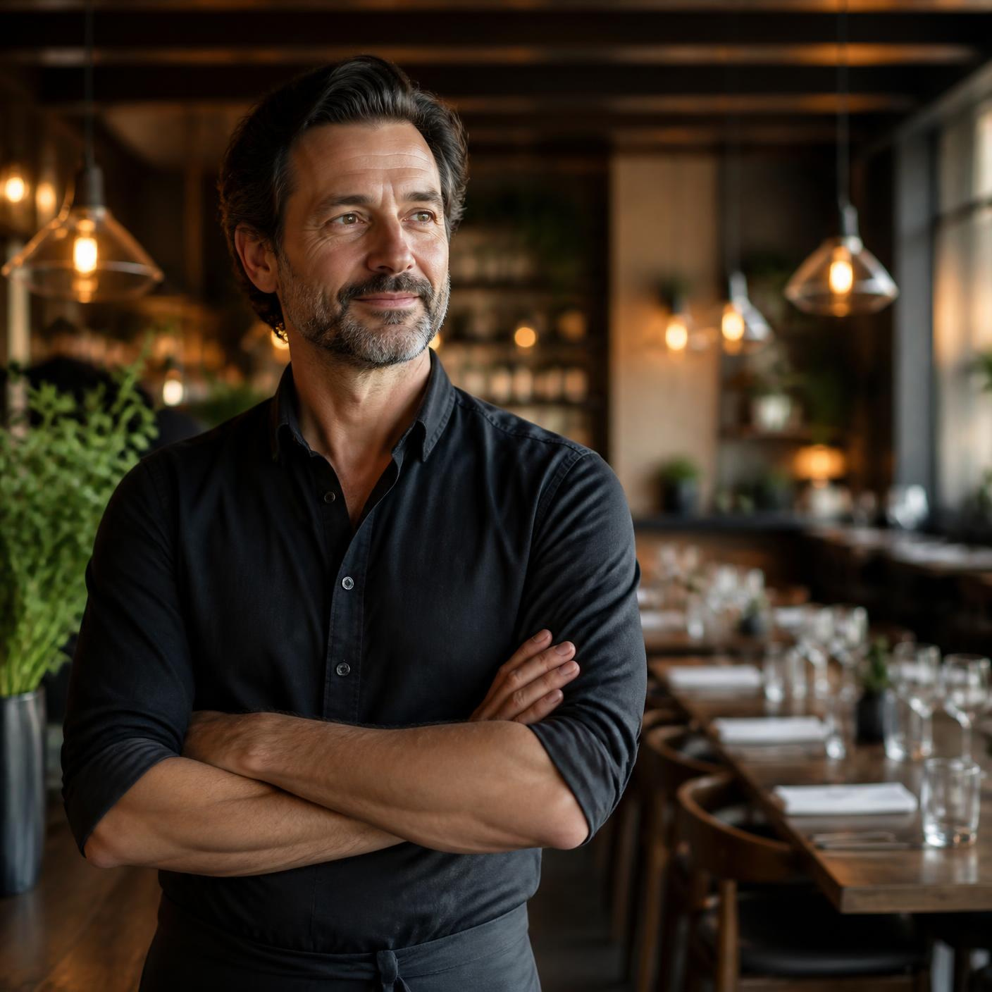 Restaurant owner standing confidently inside his dining room