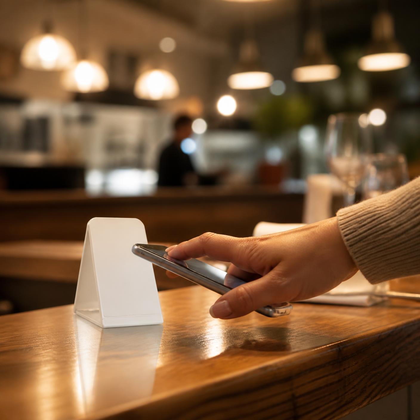 Guest tapping a phone on an NFC table tent at a restaurant counter