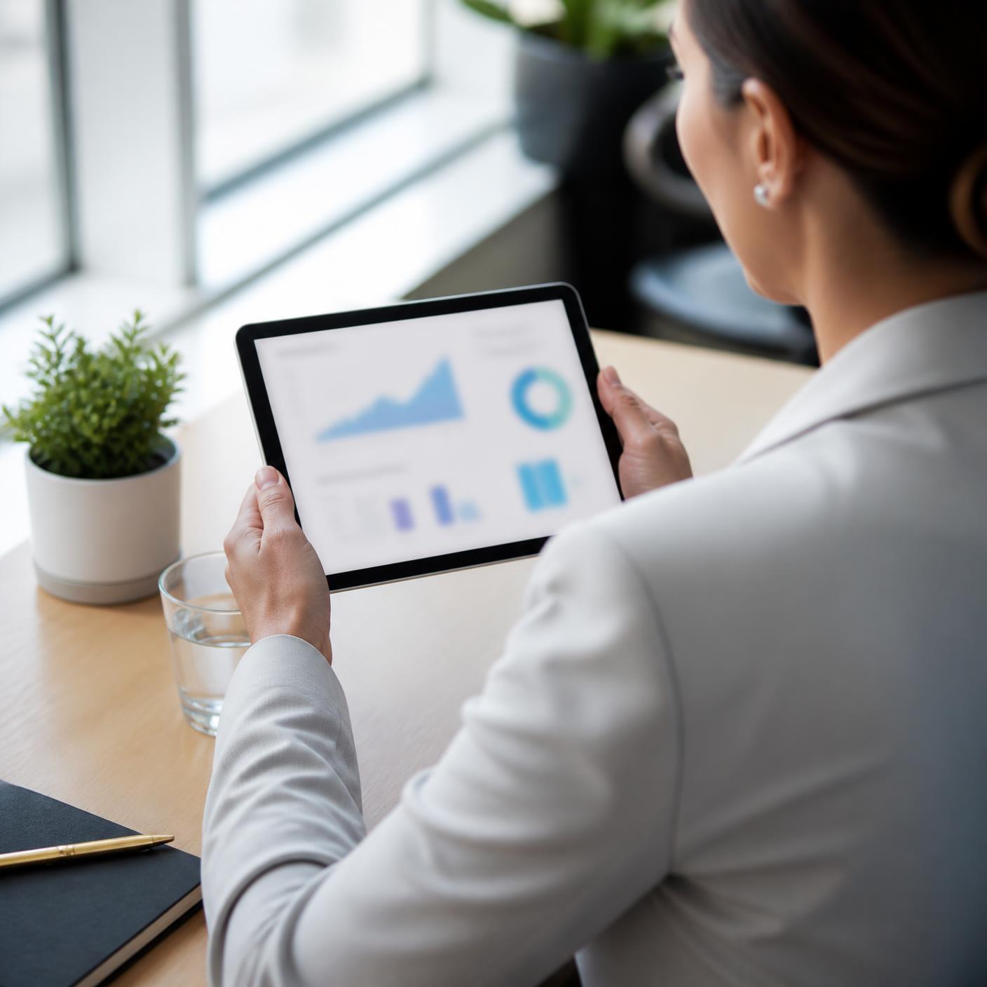 Business owner reviewing an analytics dashboard on a tablet at a bright desk