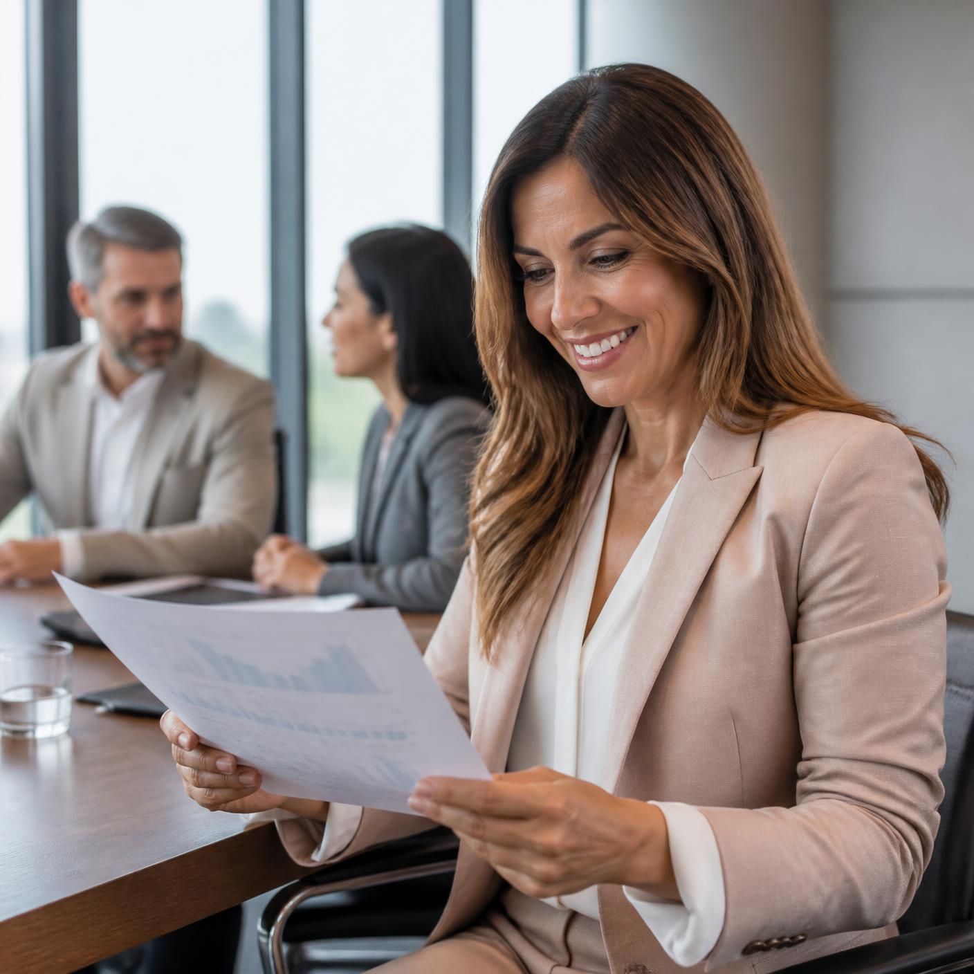 Executive reviewing a printed quarterly report in a bright conference room