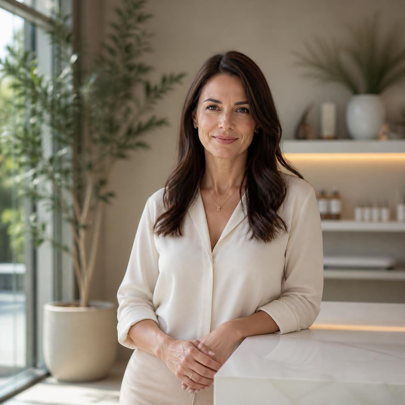Wellness clinic owner smiling behind a bright reception counter
