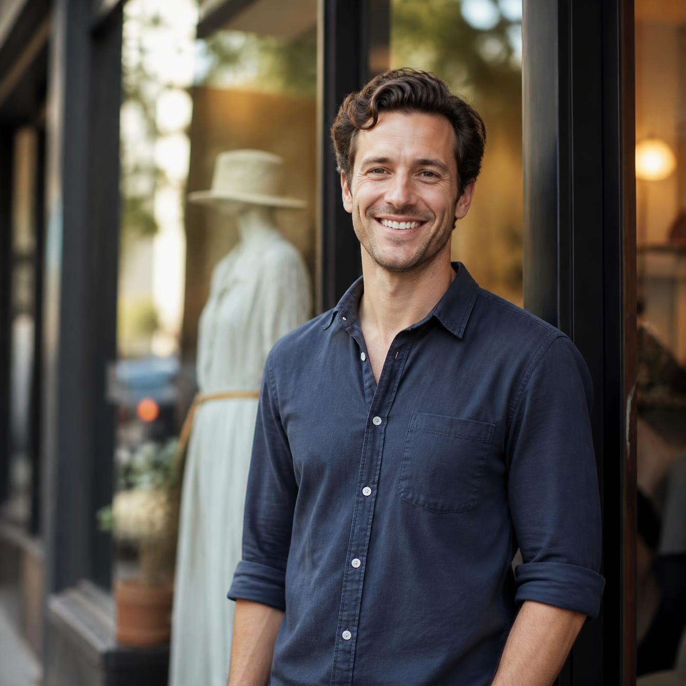 Local business owner smiling in front of his storefront in daylight