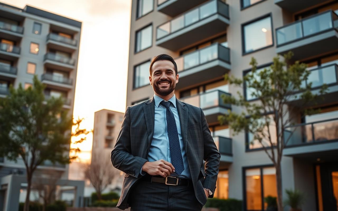 Property manager standing outside a modern apartment community at golden hour