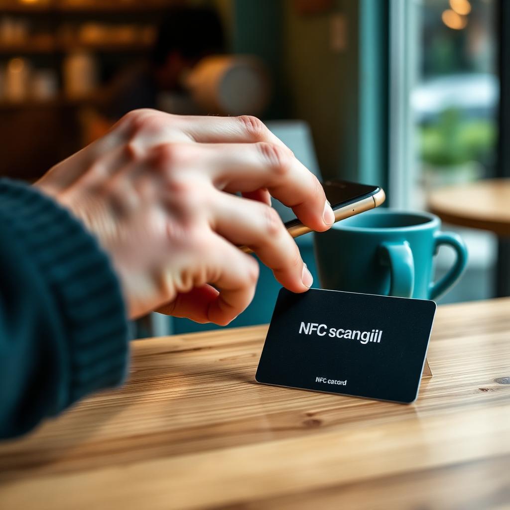 Customer tapping a phone to an NFC card on a cafe counter