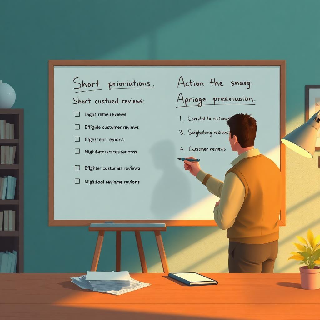 Owner turning a stack of reviews into a short action list on a whiteboard